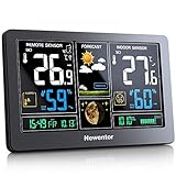 Newentor Wetterstation mit Außensensor Funk Multifunktionale Funkwetterstation Thermometer Hygrometer Innen/Außen(Farbbildschirm)